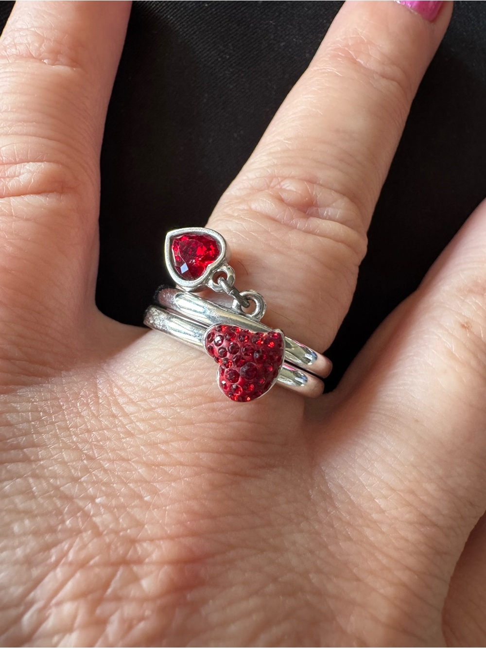 Swarovski 2 Silver Heart Charm Ring with Red Heart Accent size 7